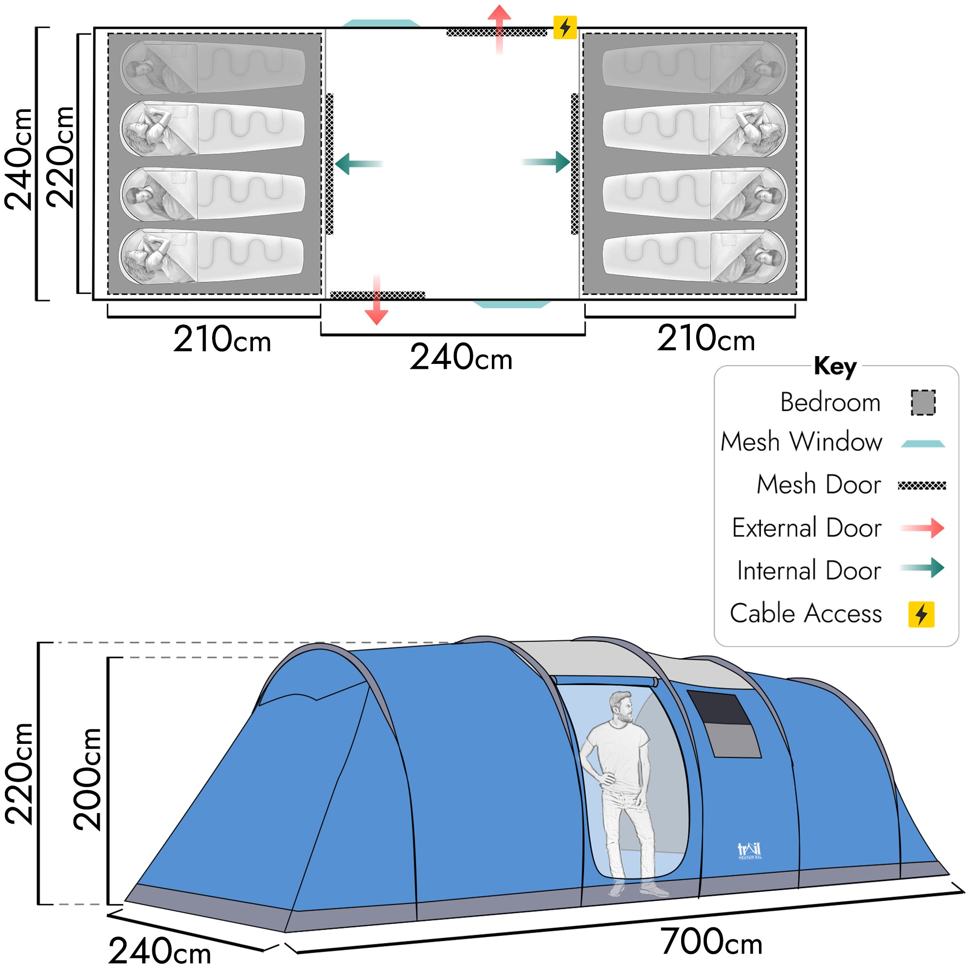 Hexton XL 6 Man 3 Room Tent – Waterproof 5000mm